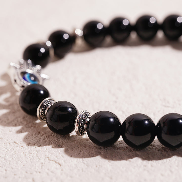 Hamsa Gemstone Beaded Bracelet - Black Obsidian